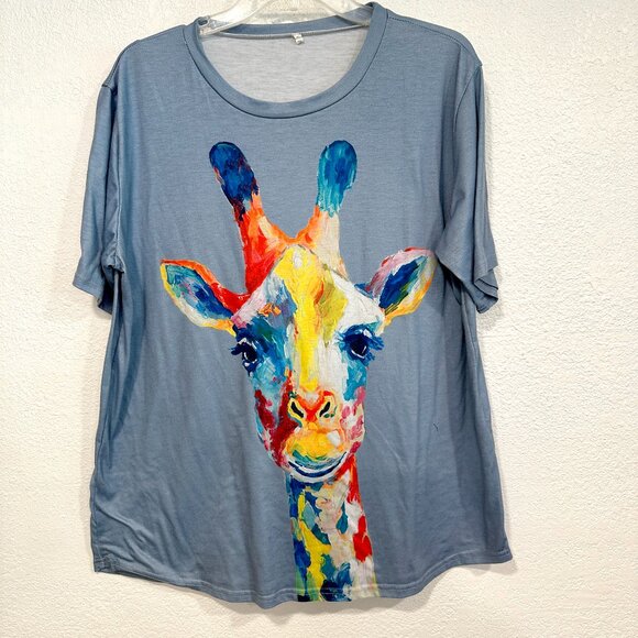 Womens Size 2XL Tee Top with Giraffe Front Graphics Blue Short Sleeves Stretch - Picture 1 of 8